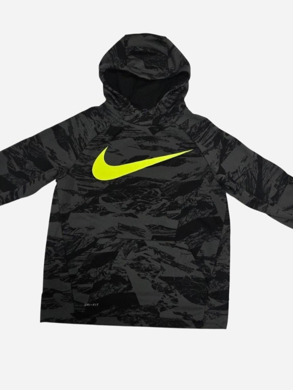 Nike Kids' Black Camo Hoodie with Neon Swoosh Large
